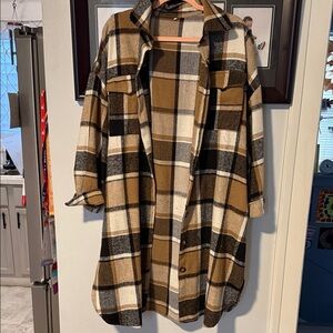 Plaid Oversized Shirt Jacket - Brown, Black, White